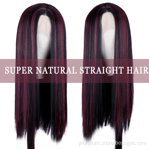 FZY Wholesale Price Good Omens Cosplay  Burgundy color with highlights silk straight Synthetic hair Wigs with lace front  Vendor
